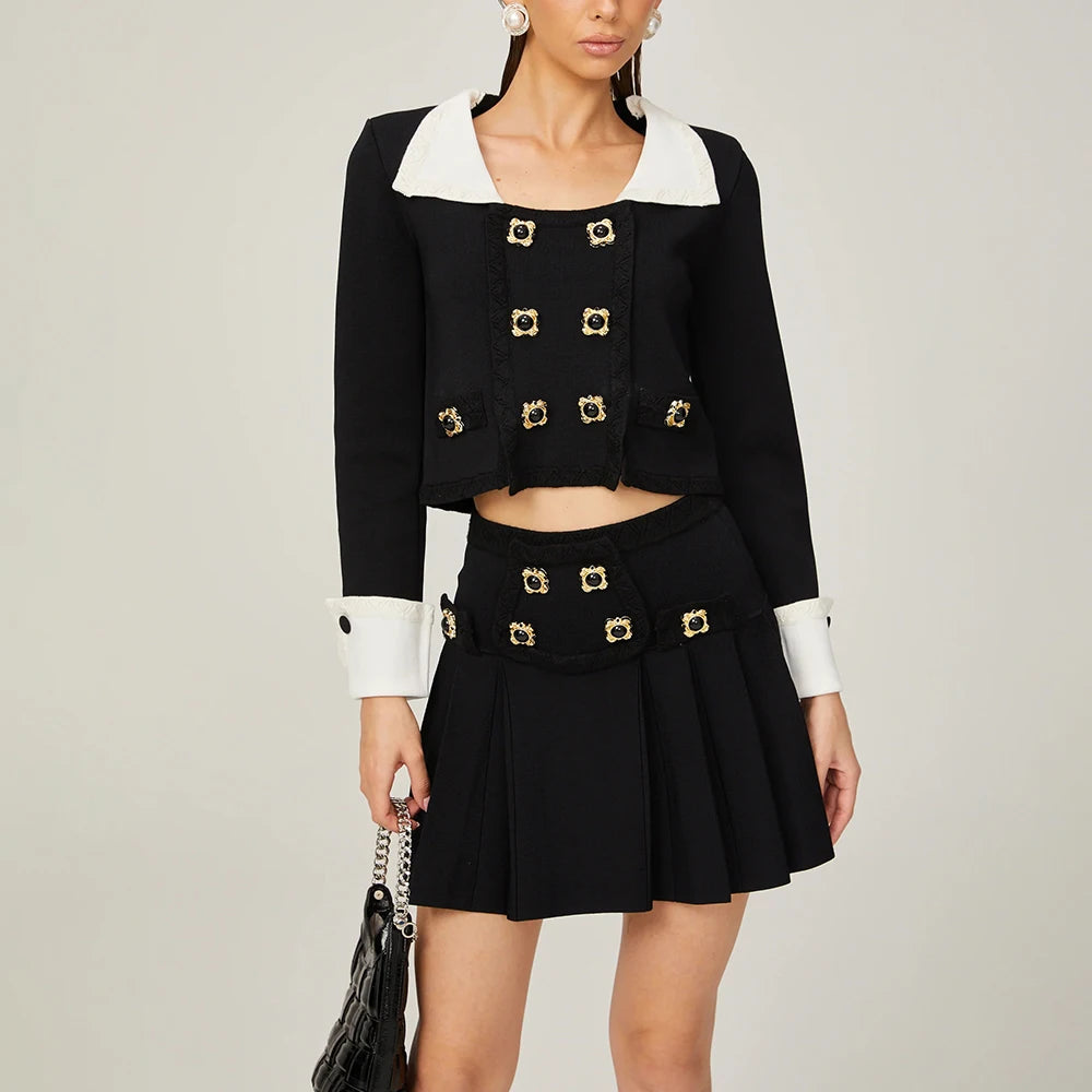 Square Collar Long Sleeve Buttoned Mini Top High Waist Mini Skirt Set