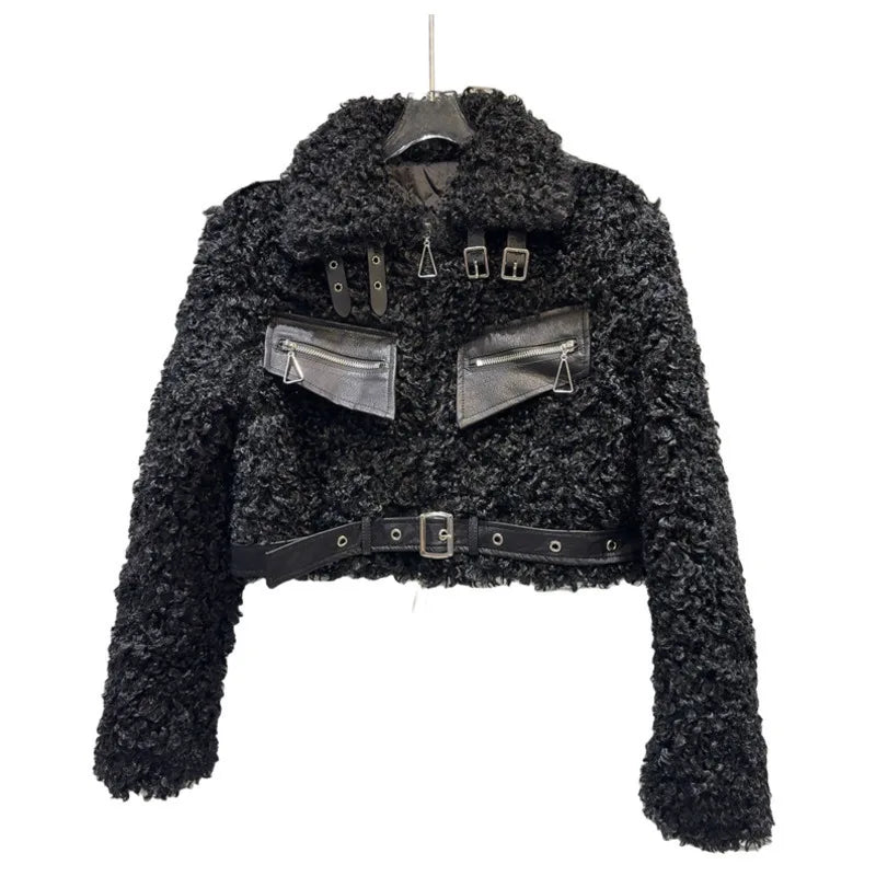 Wool Waist Belt Spliced Leather Short Jacket