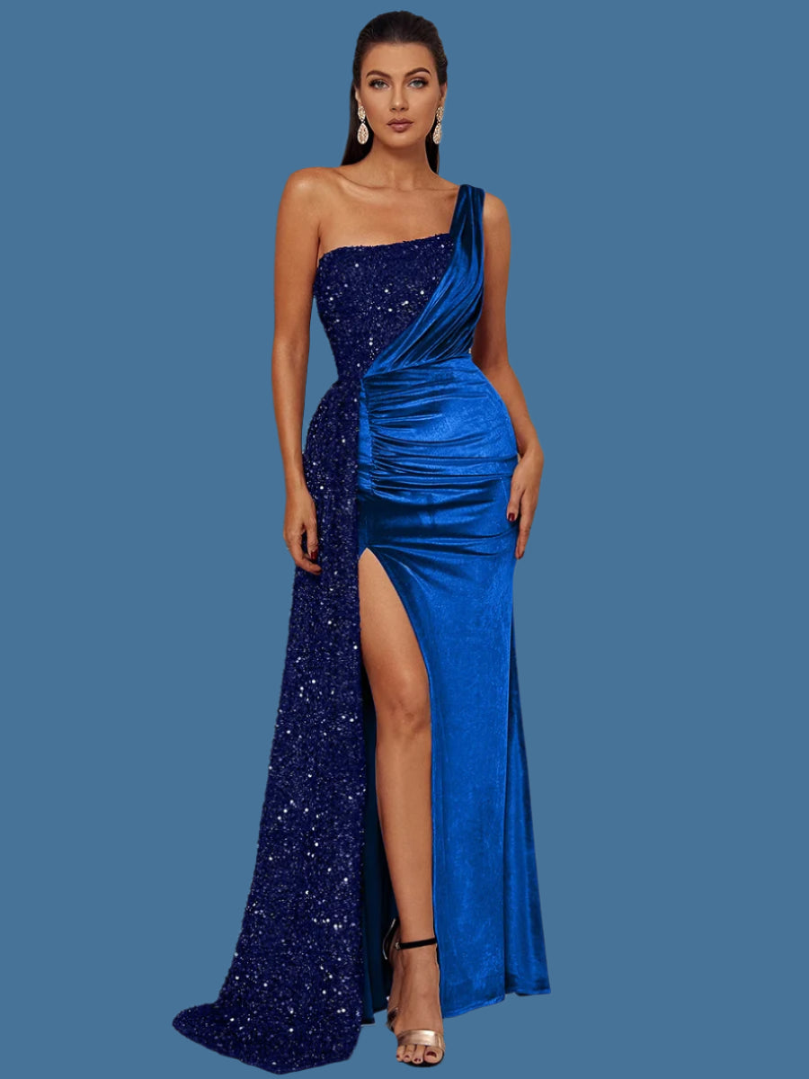 One Shoulder Chic Draped Sequin Panel Velvet Split Prom Maxi Dress