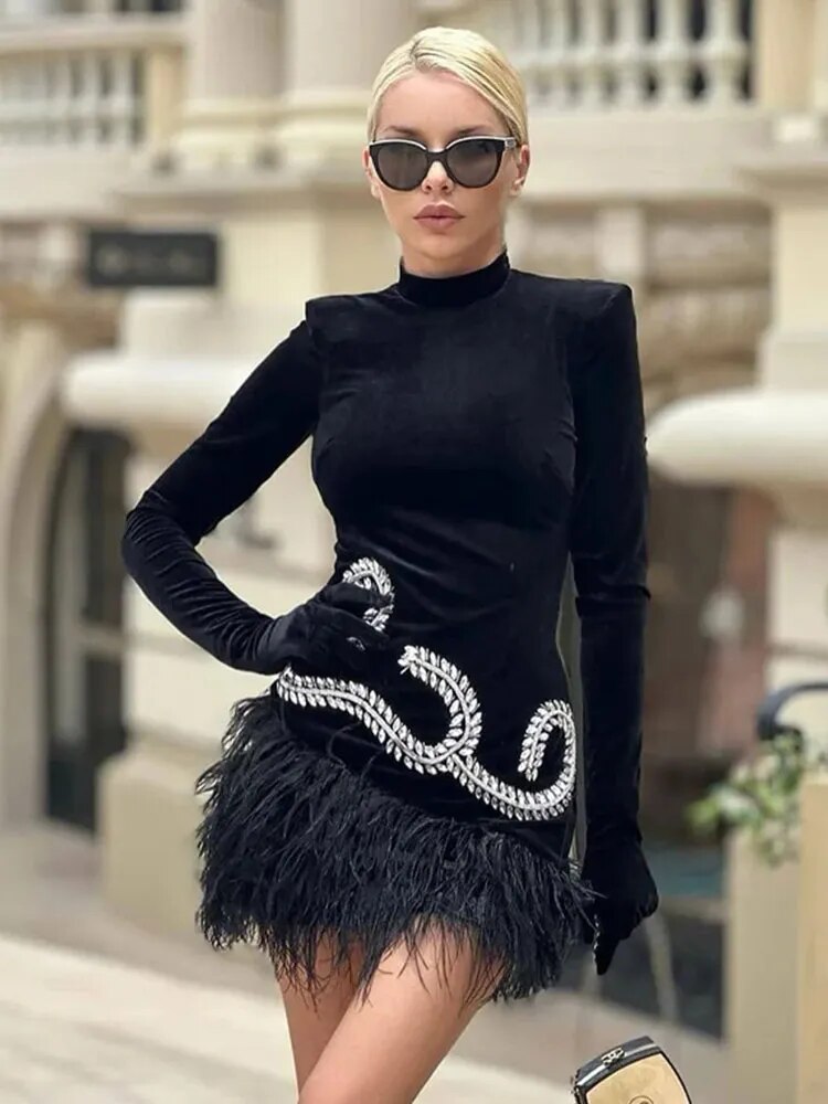 Turtleneck Long Sleeve Crystal Decor Velvet Feather Mini Dress