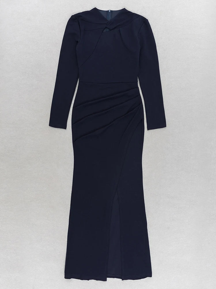 Long Sleeve Hollow Out O Neck Split Slim Maxi Dress