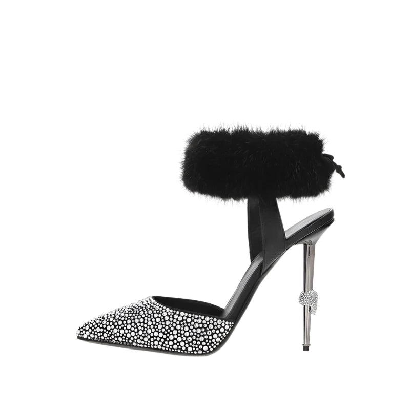 Crystal Fur Pointed Toe Ankle Strap High Heels Shoes