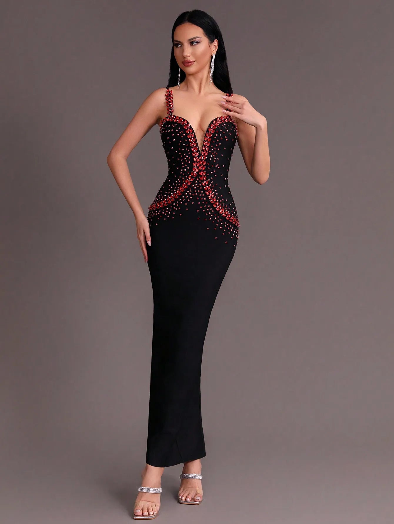 Tight V-Neck Sleeveless Diamonds Decor Maxi Bandage Dress