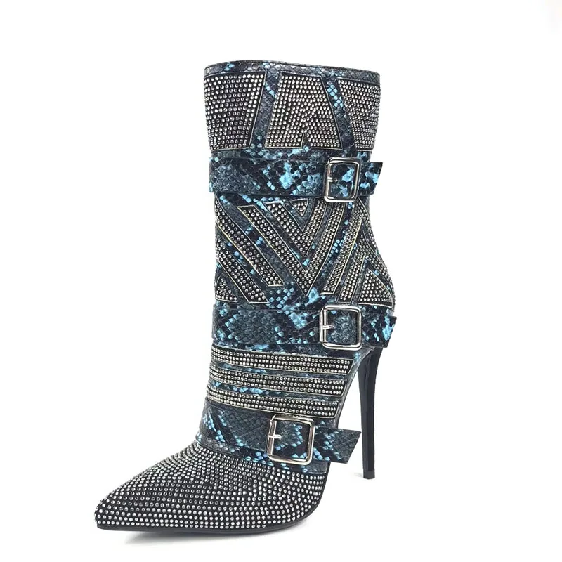 Rhinestone Denim Pointed Toe Zipper Sparkly Bling Ankle Boots