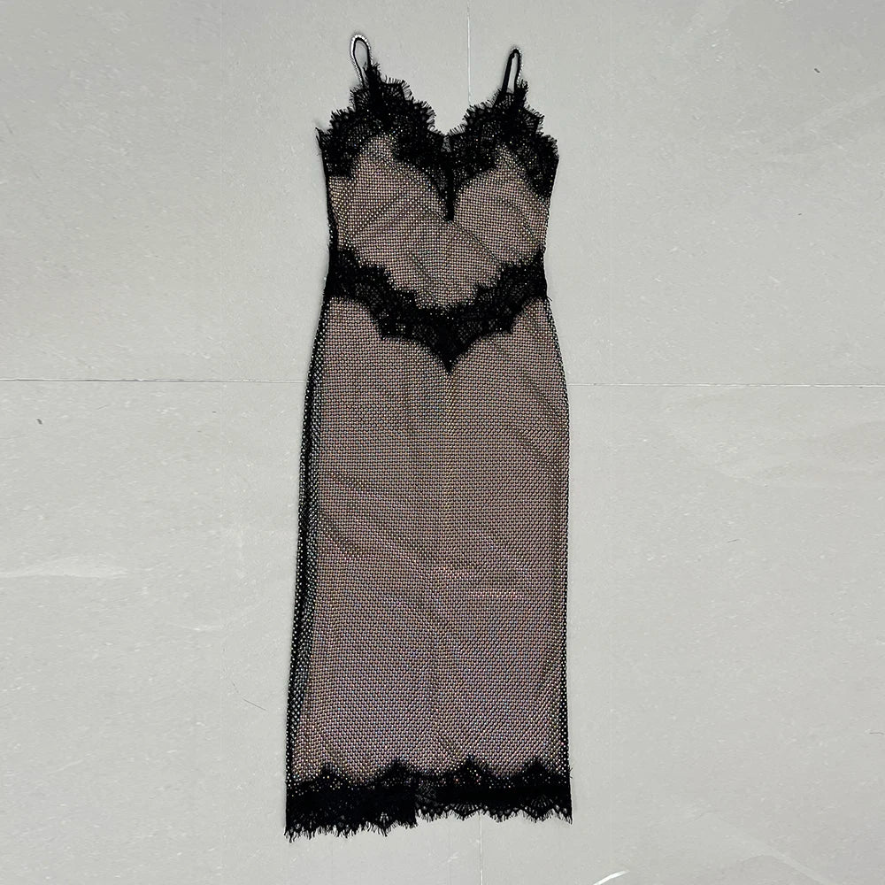V-neck Sleeveless Lace Panel Hollow Diamond Tight Mid Dress