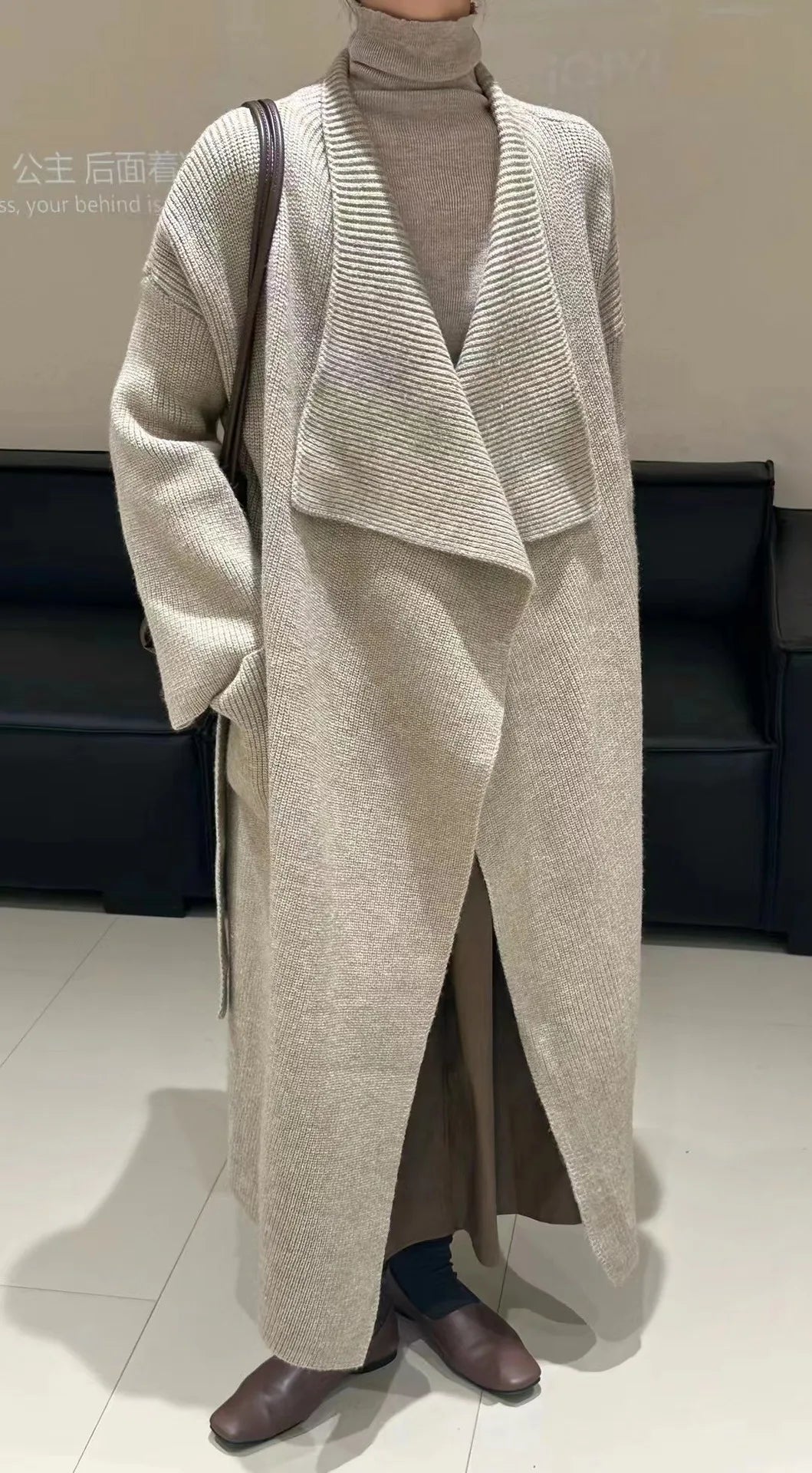 Lapel Loose Fit Long Sleeves Sashes Knitted Cardigan Maxi Coat