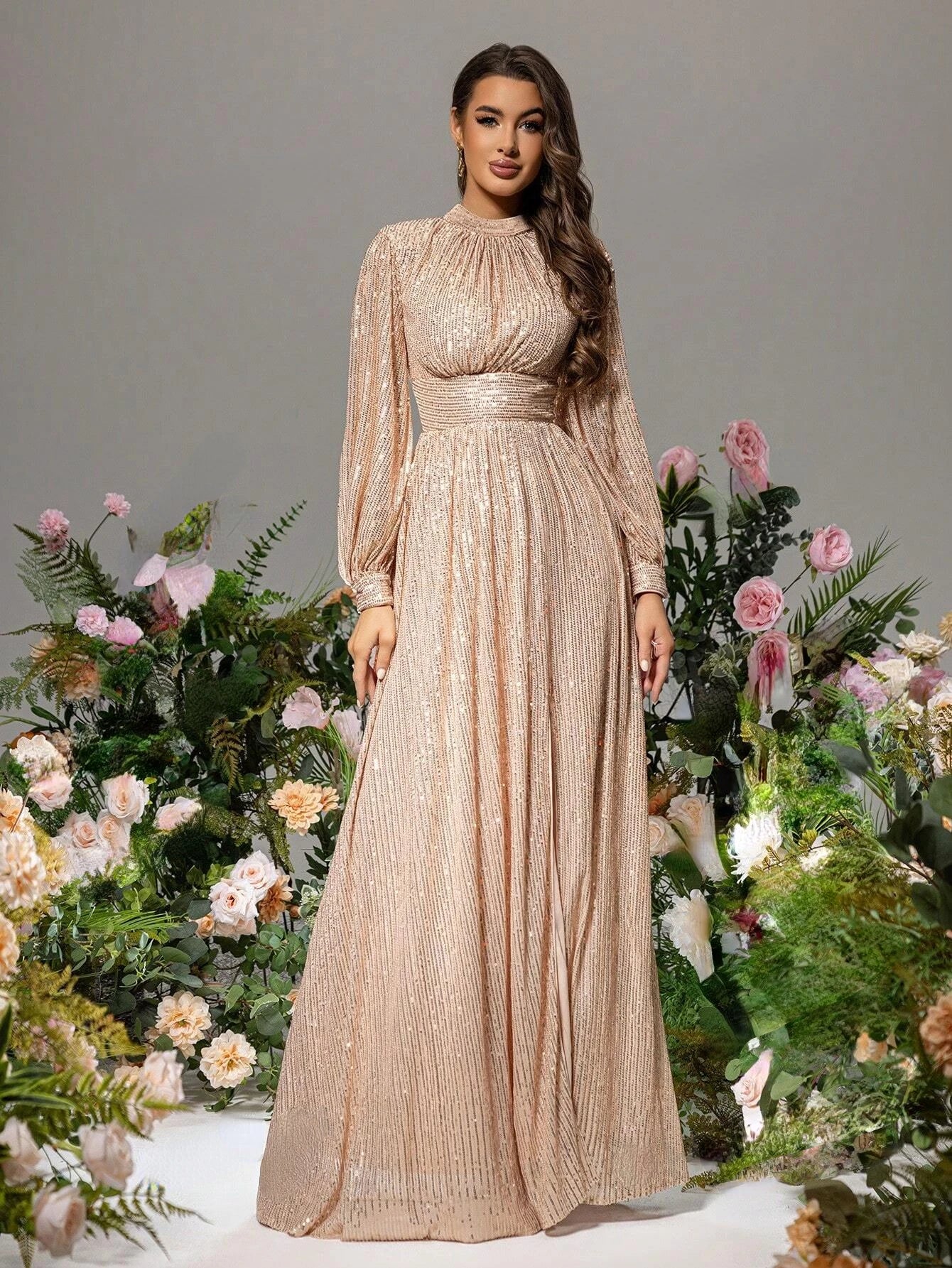 Lantern Long Sleeves Sequined Waist Cinched Loose Fit Maxi Dress