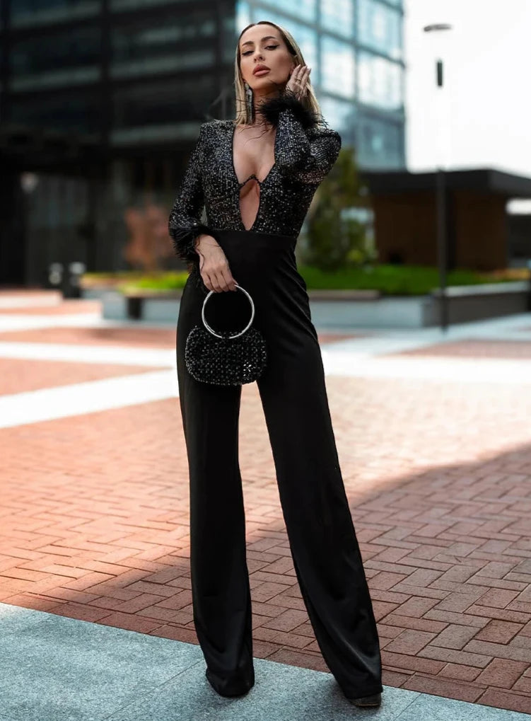 Feather Patchwork Long Sleeves V Neck Sequin Jumpsuit