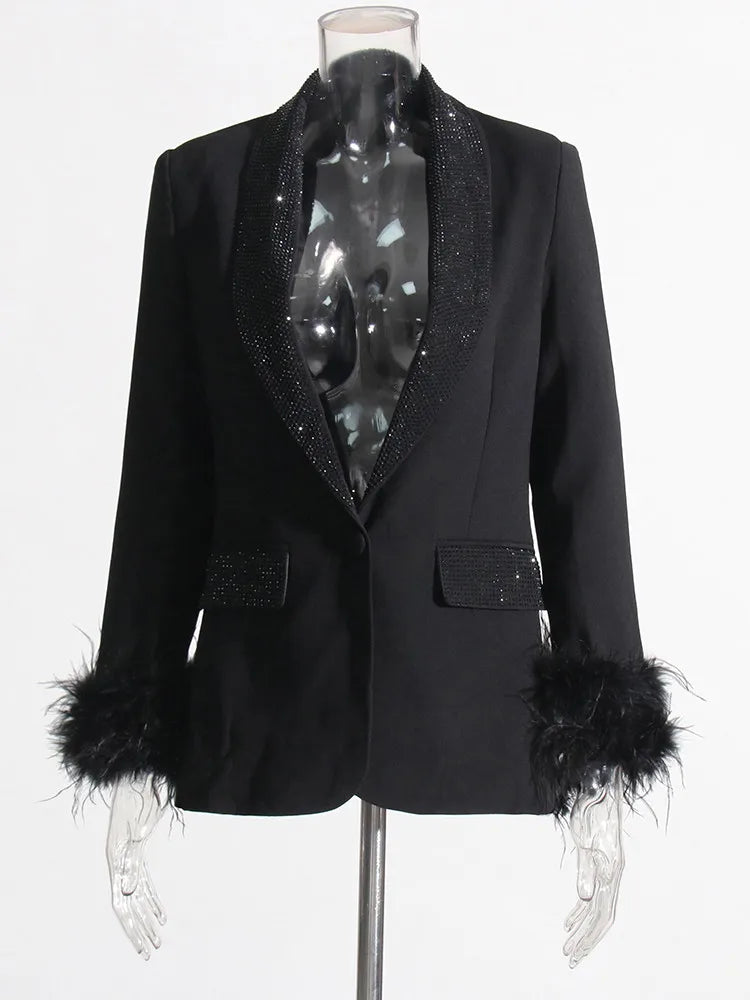 Shawl Collar Detachable Feathers Long Sleeve Patchwork Diamonds Blazers