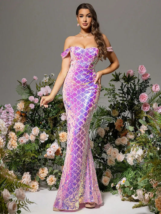 Off Shoulder Colourful Plaid Sequins Glitter Mermaid Maxi Dress