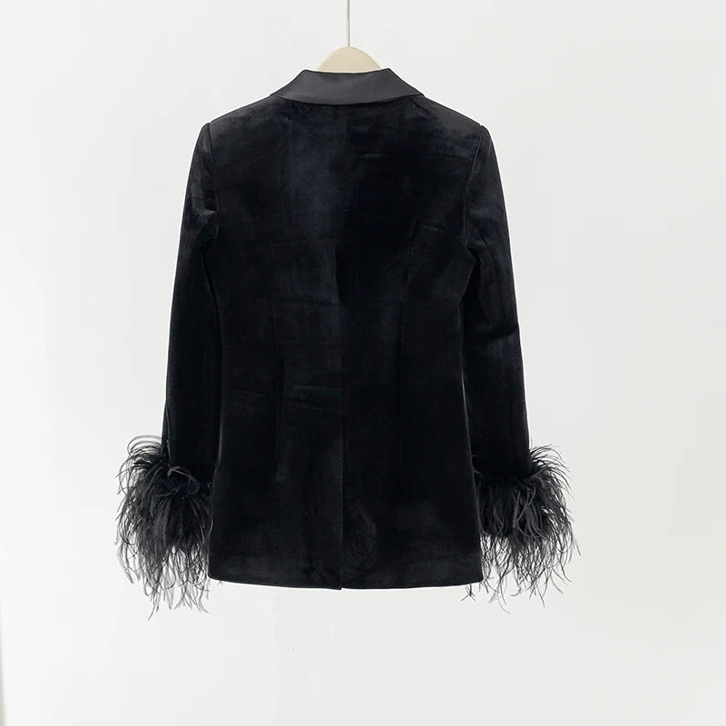 Velvet Feathers Satin Lapel Collar Long Sleeve Blazer