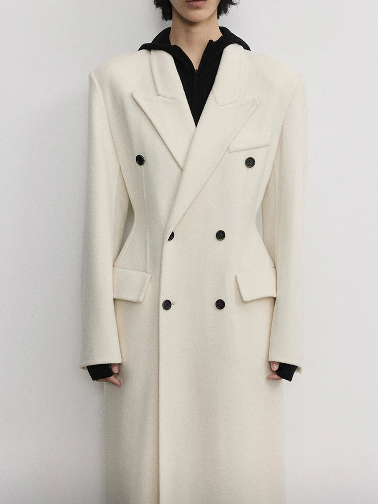 Lapel Caller Slim Wide Seam Pressed Thread Woollen Maxi Overcoat