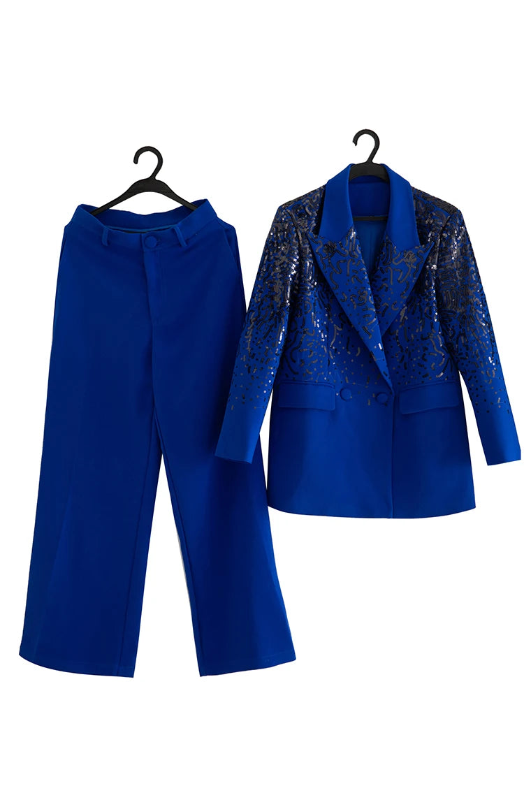 Lapel Collar Sequins Patchwork Blazer Mid Waist Straight Trousers Set