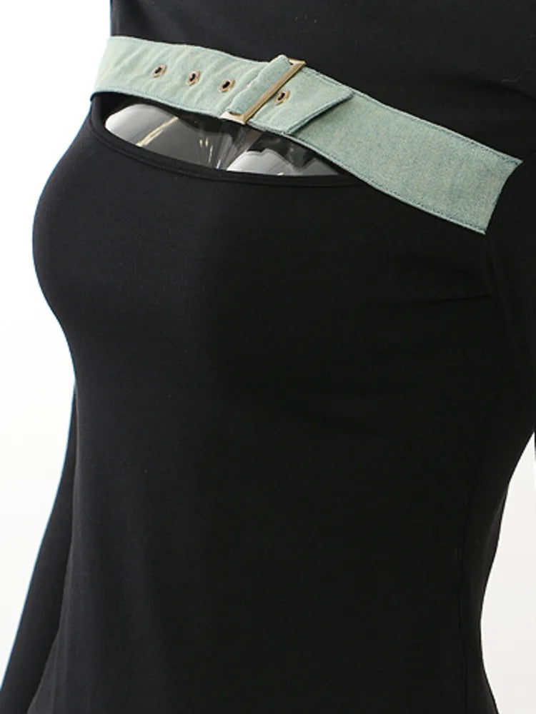 Knitted Slash Neck Long Sleeves Hollow Out Belt Denim Spliced T-Shirt