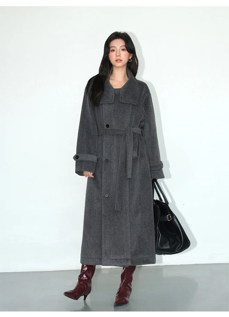 Turtleneck Loose Single Breasted Lined Sashes Blends Woollen Overcoat