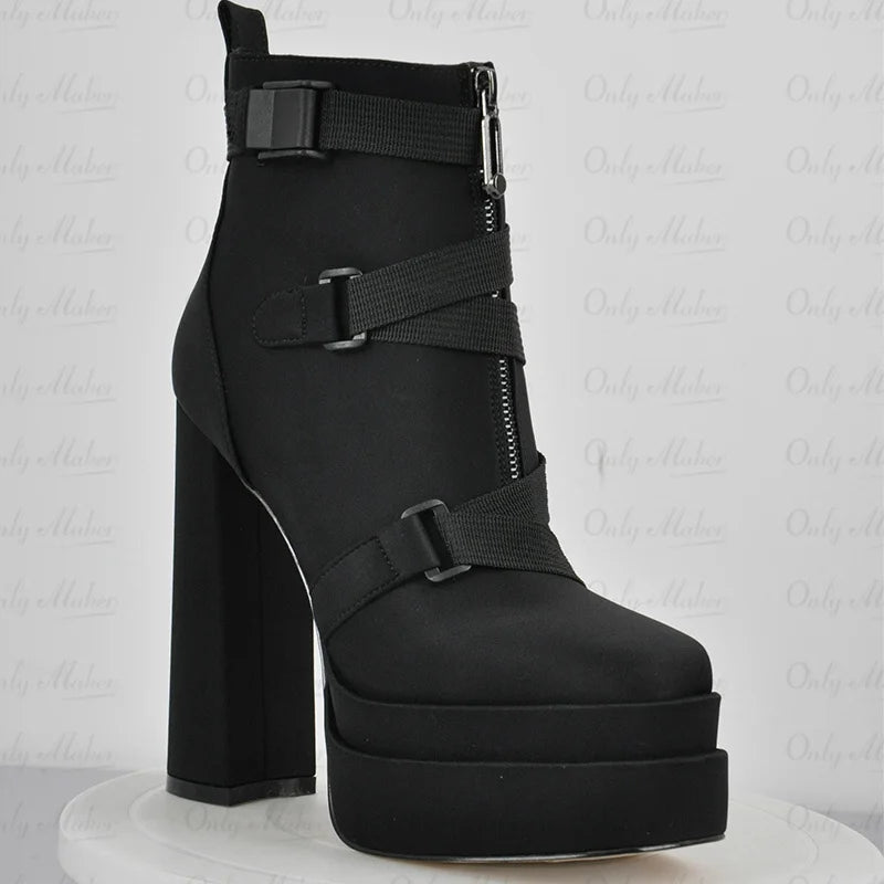 Round Toe Zipper Strap Chunky Thick Heels Lycra Platform Ankle Boots