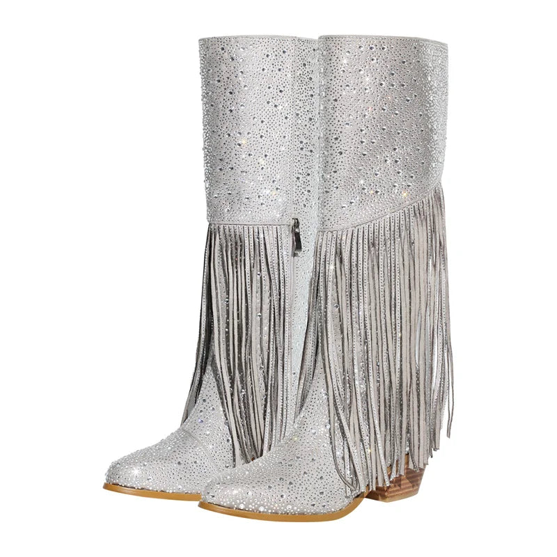 Fringe Wide Calf  Pointed Toe Block Heel Slip On Knee High Boots