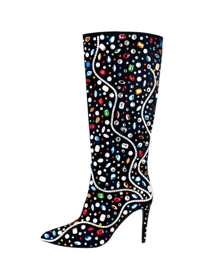 Rhinestone Pointed Toe Bling Crystal Thin High Heel Knee High Boots