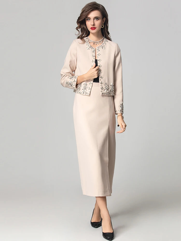 O-Neck Long Sleeves Diamonds Jacket Split Long Pencil Mid Skirt Set