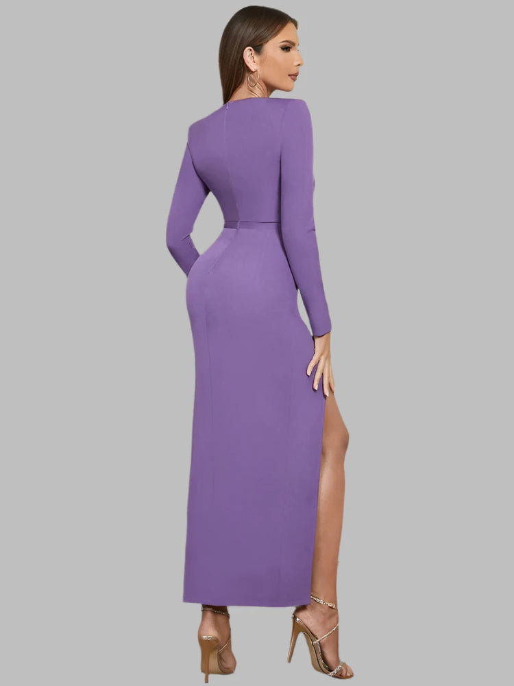 Asymmetry Neck Long Sleeve Split Slim Mid Dress