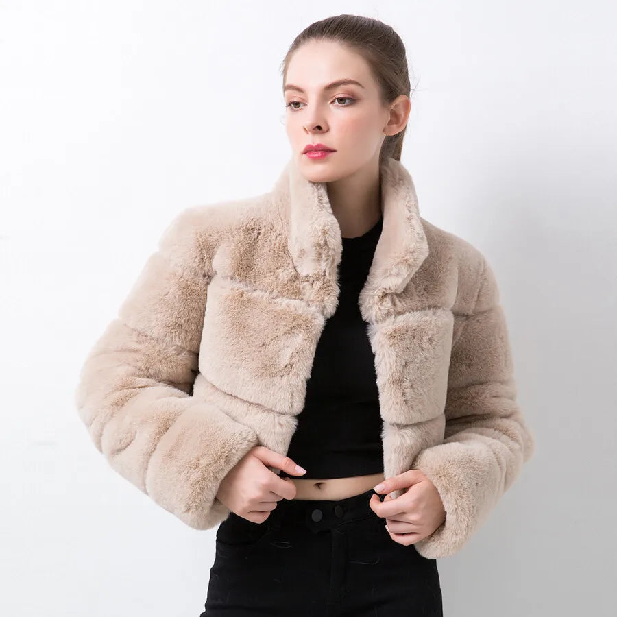 Stand Collar Covered Long Sleeve Thick Warm Faux Fur Mini Coat