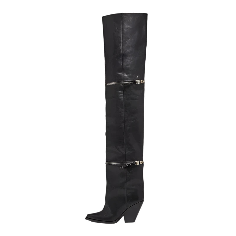 Metal Zipper Chunky Heel Pointed Toe Thigh Over The Knee Boots