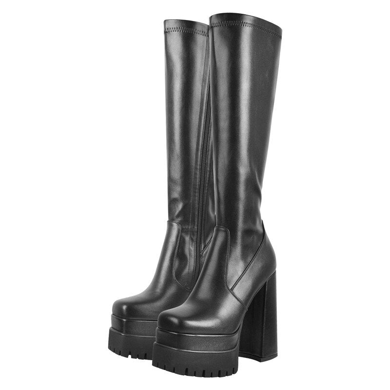 Platform Chunky Heel Patent Leather Square Toe Knee-High Boots
