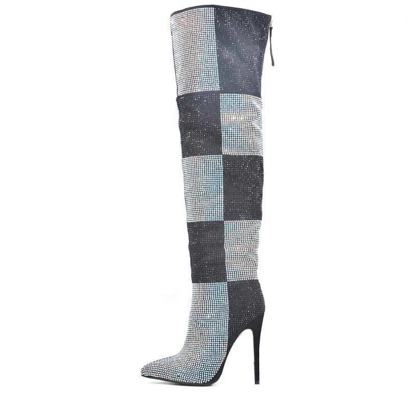 Patchwork Crystal High Heels Over The Knee Boots