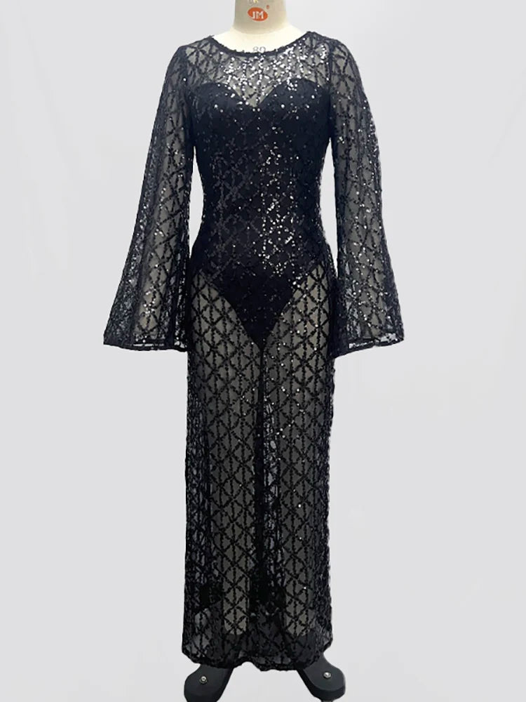 O Neck Flare Long Sleeves See Bodysuit Through Mesh Sequins Slim Dress