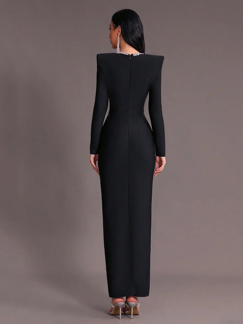 Diamond Decor V Neck Long Sleeve Bandage Maxi Dress