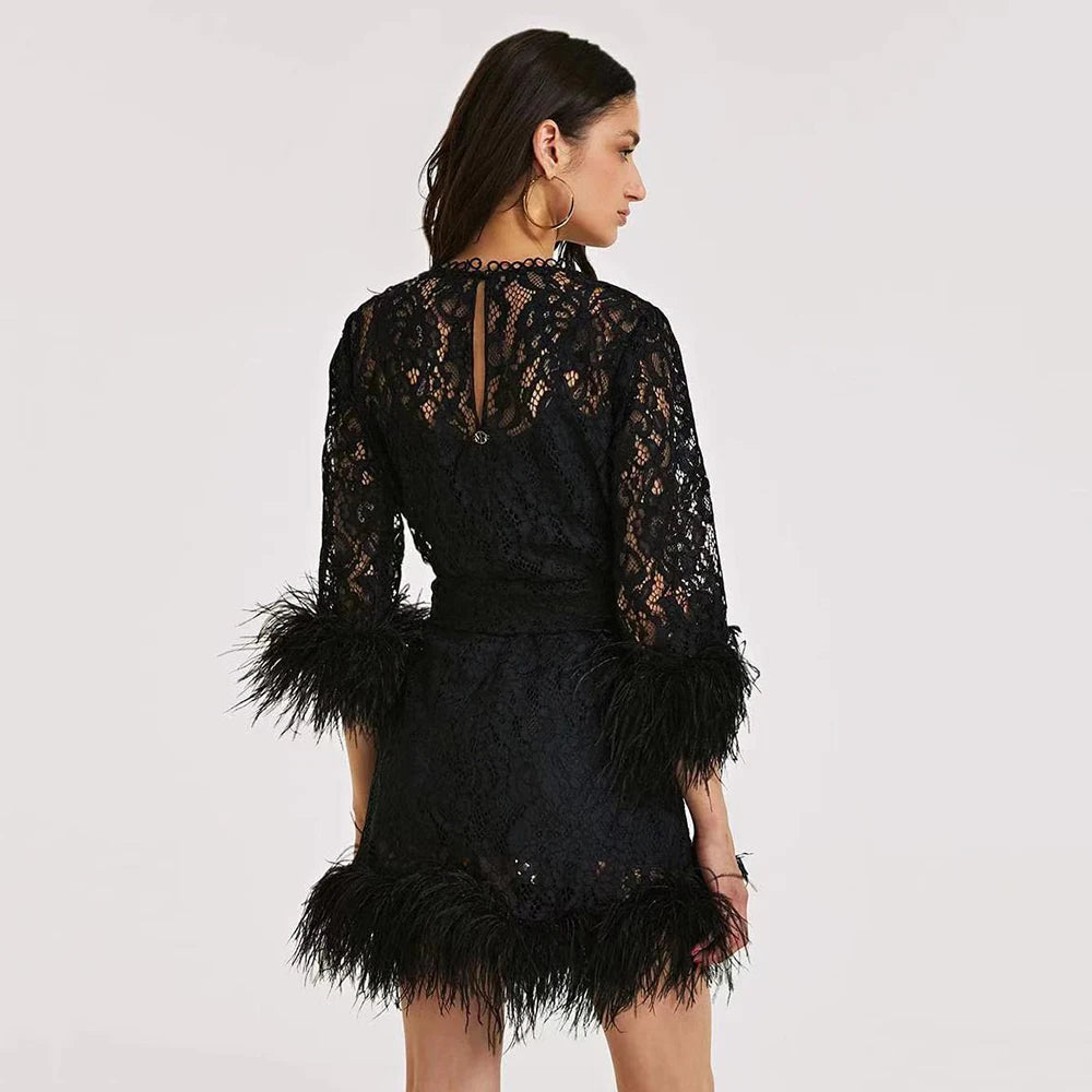 Feather Lace Belt Long Sleeve O Neck Slim Fit Mini Dress