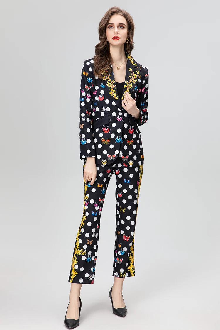 Vintage Pattern Printed Lapel Collar Pocket Blazer Straight Trousers Set