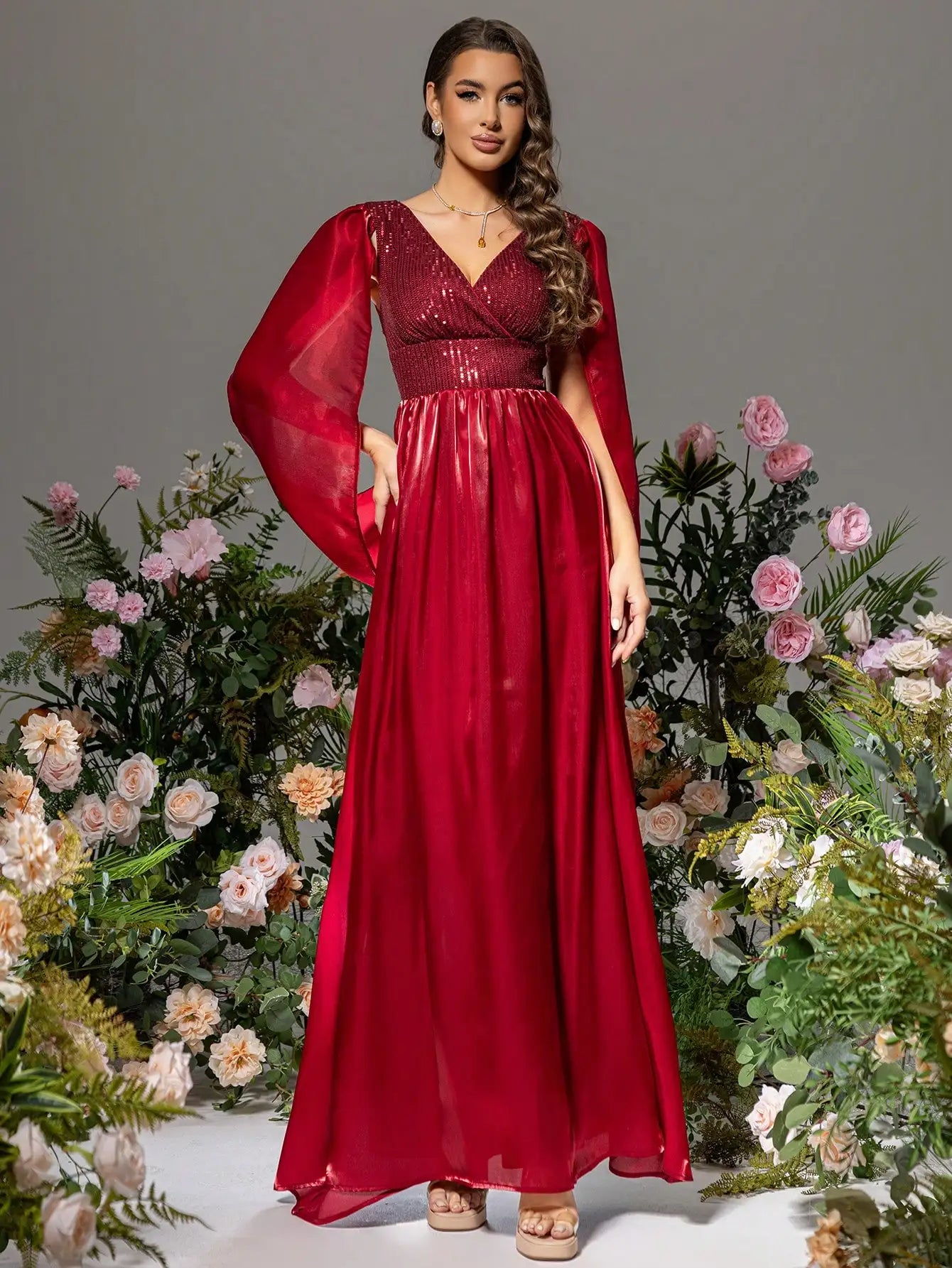 V-Neck Satin Sequin Patchwork Split Sleeve Formal Prom Maxi Dress