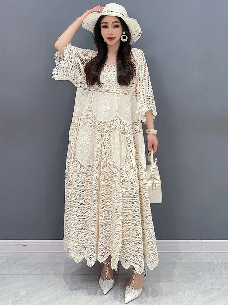 O-Neck Sleeves Large Hem Hollow Out Loose Lace Mid Dress