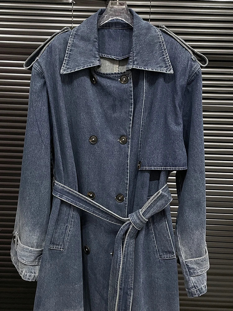 Belt Long Trendy Lapel Double Breasted Denim Coat