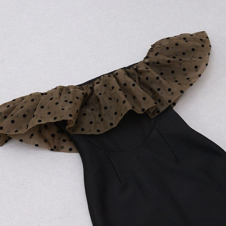 One Shoulder Ruffle Sleeves Dot Gauze Decor Bandage Mid Dress