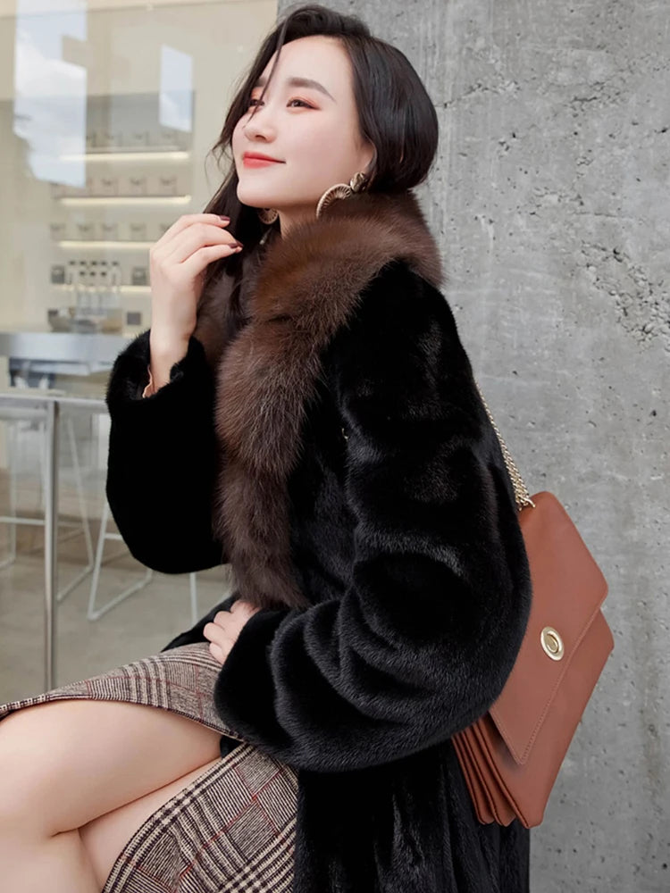 Fur Collar Loose Long Sleeves Thick Warm Mink Fur Overcoat