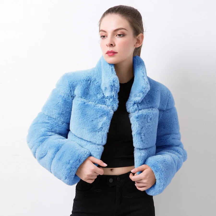 Stand Collar Covered Long Sleeve Thick Warm Faux Fur Mini Coat