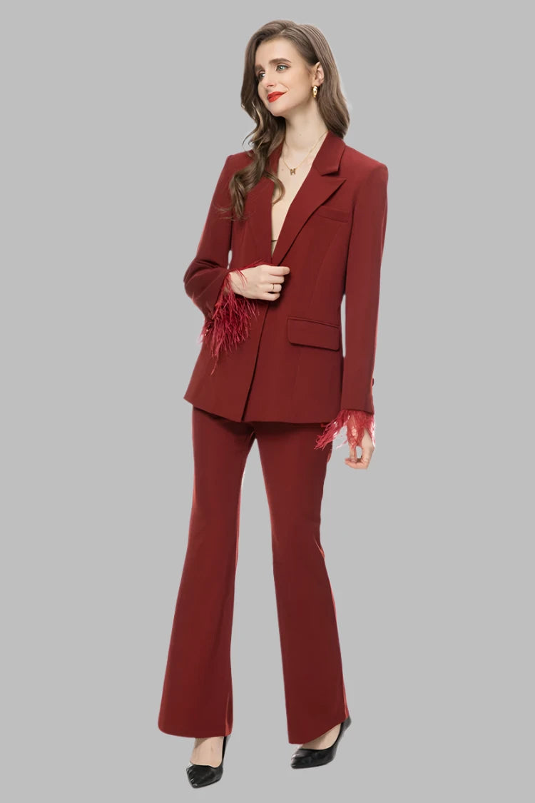 Lapel Caller Tassels Feather Long Sleeve Blazer Straight Trousers Set