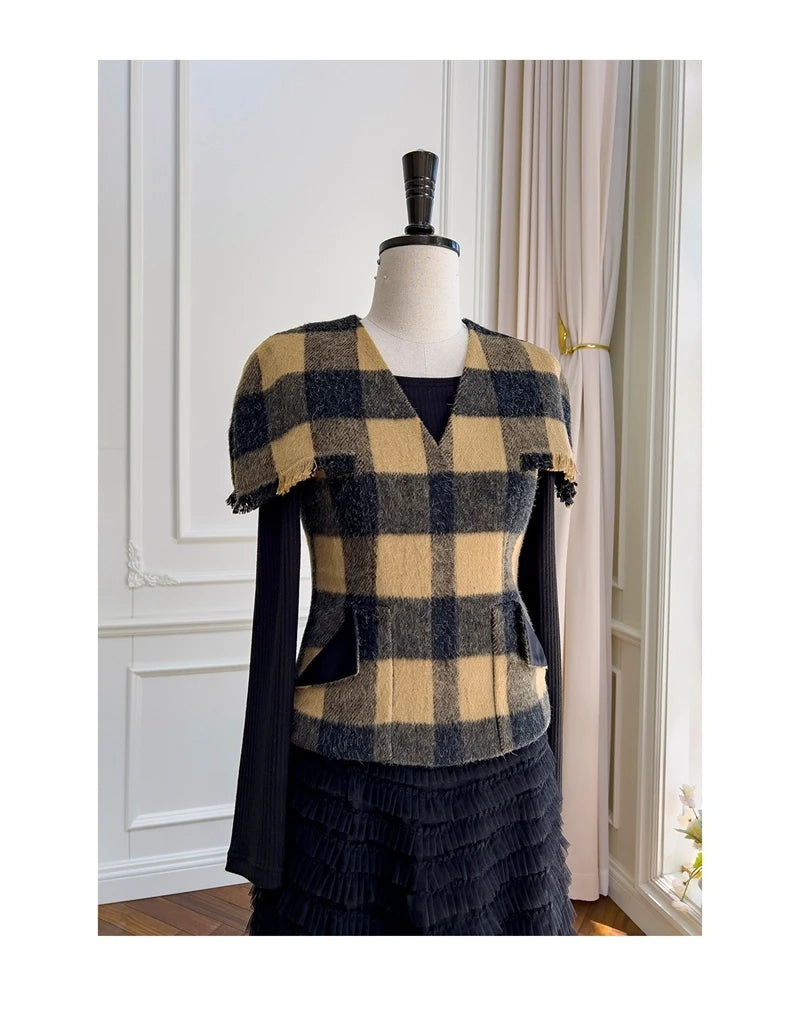 V Neck Pullover Plaid Woollen High Collar Bottom Tops Mesh Tassel Mid Skirt Sets