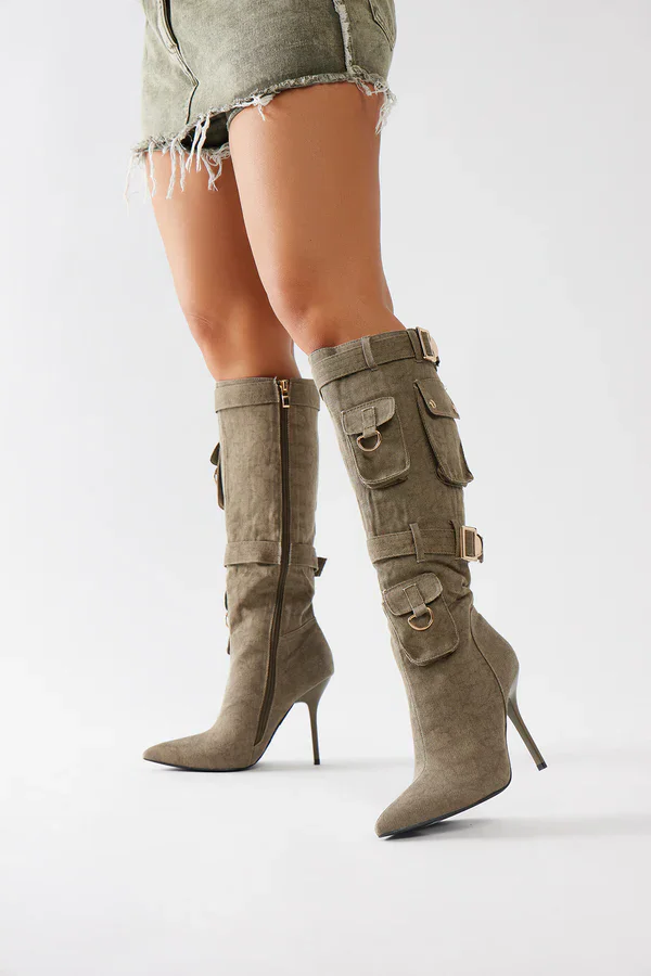 Denim Pocket Retro Pointy Toe Thin High Heels Knee High Boots