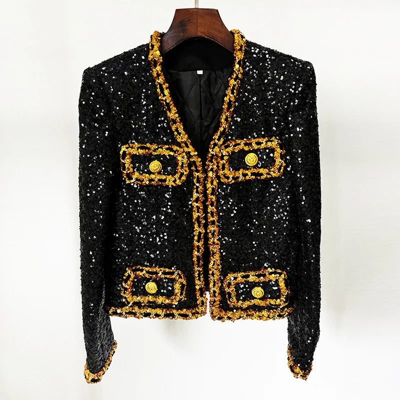 Gold Chains Button Patchwork Sequined Short Jacket