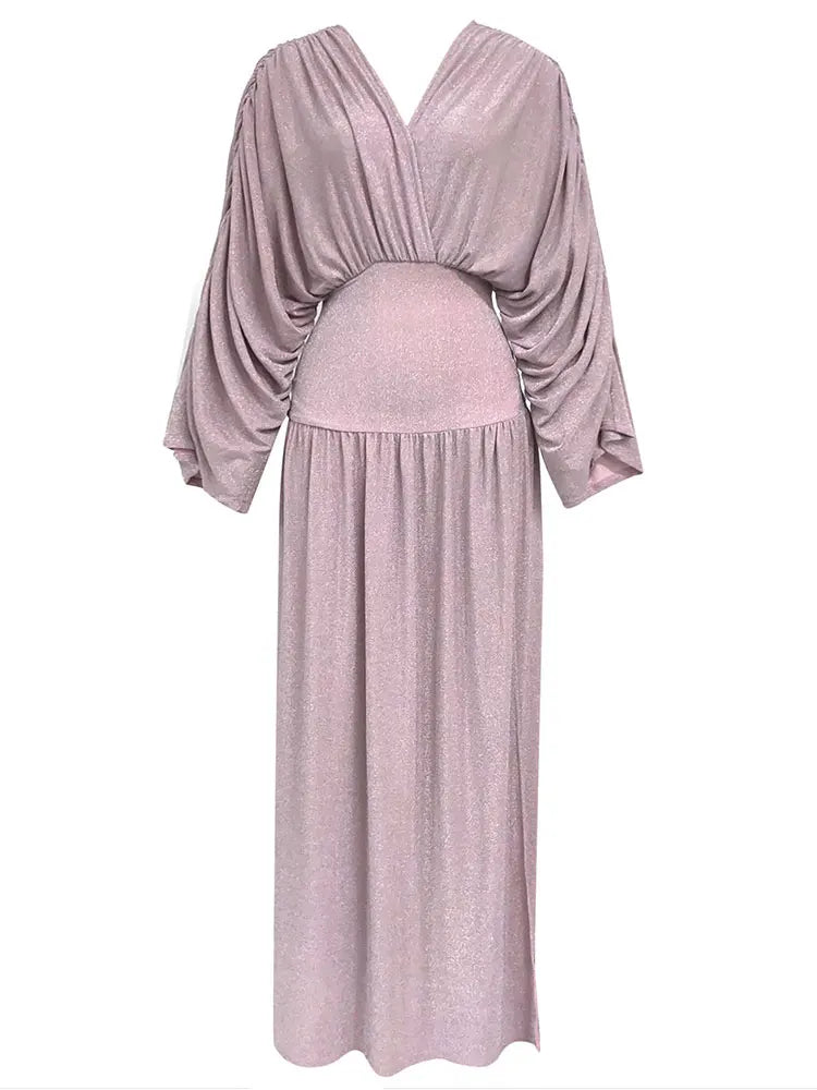 V-neck Batwing Sleeves Draped Backless Maxi Dress