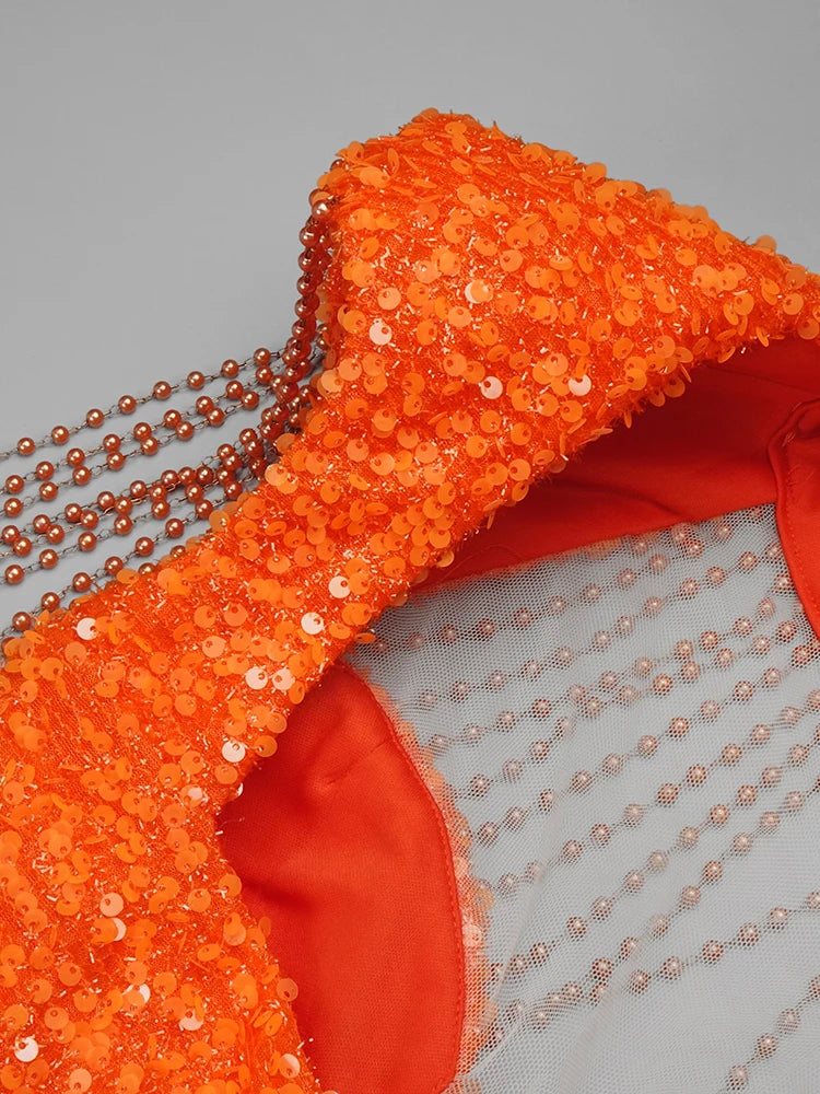 Pearl Chain Tassels Decor Sequins High Split Formal Gowns Maxi Dress