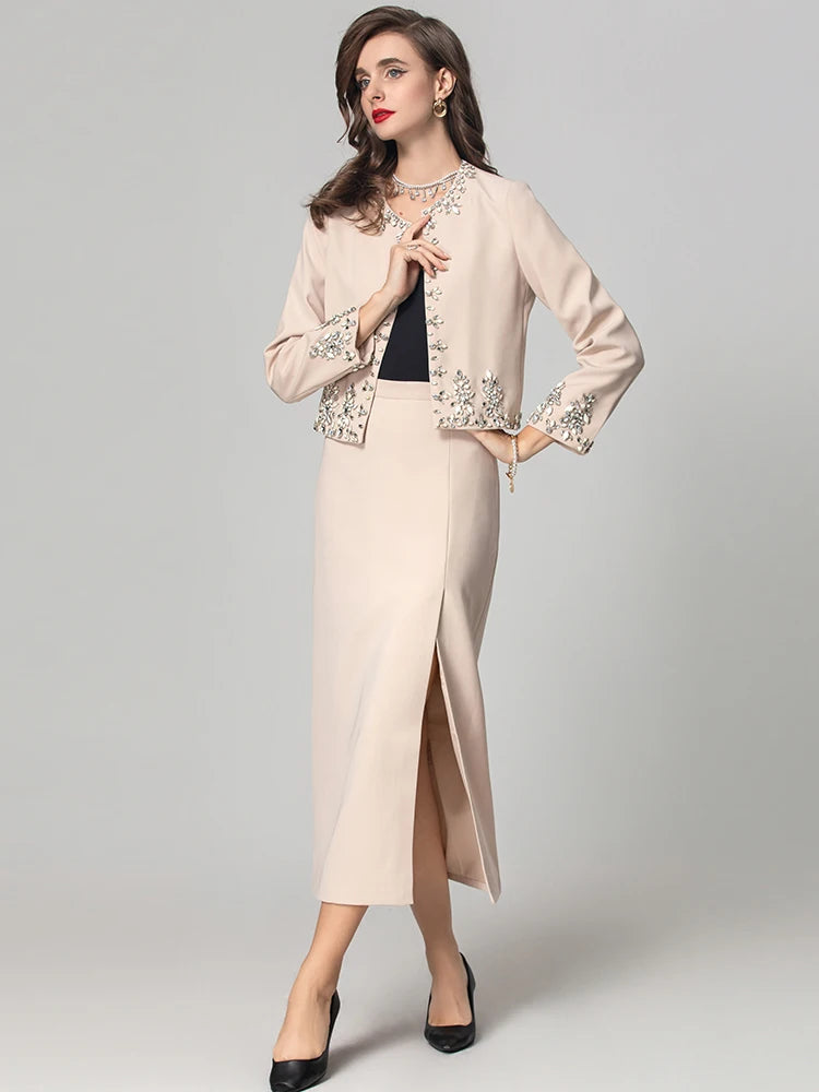 O-Neck Long Sleeves Diamonds Jacket Split Long Pencil Mid Skirt Set