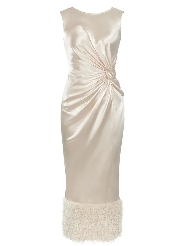 O-Neck Sleeveless Feather Decor Satin Mid Dress