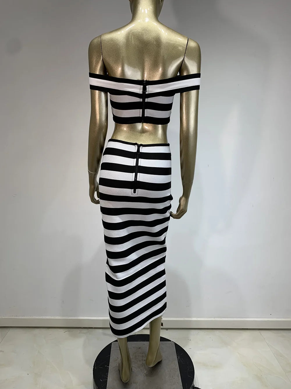 Slash Neck Striped Off Shoulder Crop Top High Waist Pencil Skirt Bandage Set