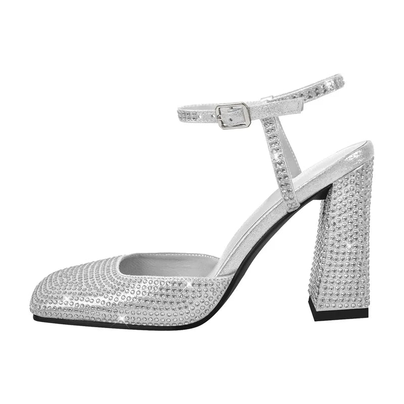 Square Toe Rhinestone Ankle Strap Pumps Chunky Heel Shoes