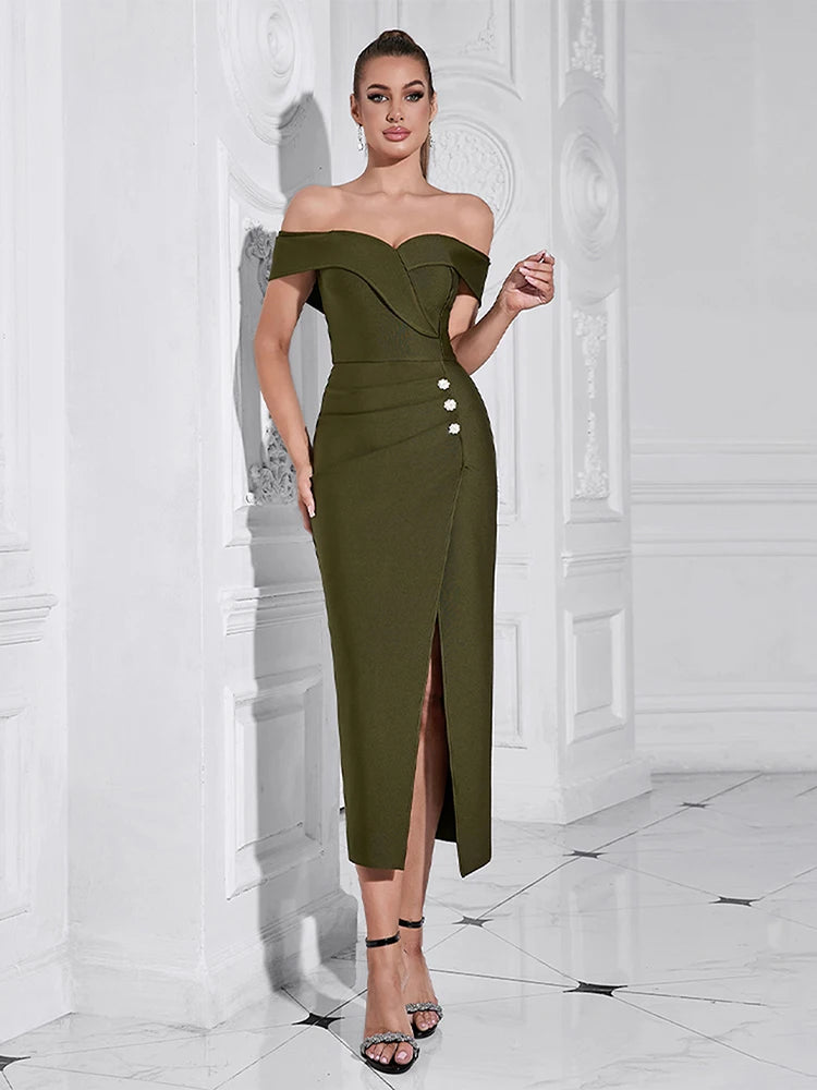 Off Shoulder Button Decor High Split Mid Bandage Dress