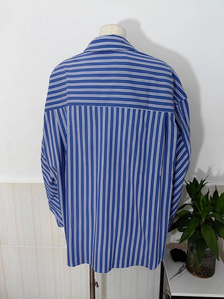 Stripe Lapel Colour Single Breasted Loose Casual Cotton Blouse Shirt